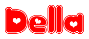 The image is a red and white graphic with the word Della written in a decorative script. Each letter in  is contained within its own outlined bubble-like shape. Inside each letter, there is a white heart symbol.