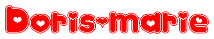 The image is a red and white graphic with the word Doris-marie written in a decorative script. Each letter in  is contained within its own outlined bubble-like shape. Inside each letter, there is a white heart symbol.