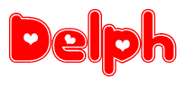 The image is a clipart featuring the word Delph written in a stylized font with a heart shape replacing inserted into the center of each letter. The color scheme of the text and hearts is red with a light outline.