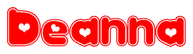 The image is a clipart featuring the word Deanna written in a stylized font with a heart shape replacing inserted into the center of each letter. The color scheme of the text and hearts is red with a light outline.