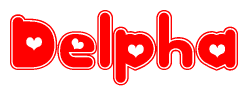   The image is a red and white graphic with the word Delpha written in a decorative script. Each letter in  is contained within its own outlined bubble-like shape. Inside each letter, there is a white heart symbol. 