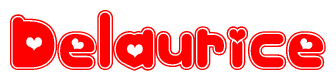 The image is a red and white graphic with the word Delaurice written in a decorative script. Each letter in  is contained within its own outlined bubble-like shape. Inside each letter, there is a white heart symbol.