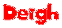 The image is a clipart featuring the word Deigh written in a stylized font with a heart shape replacing inserted into the center of each letter. The color scheme of the text and hearts is red with a light outline.