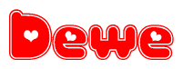 The image is a red and white graphic with the word Dewe written in a decorative script. Each letter in  is contained within its own outlined bubble-like shape. Inside each letter, there is a white heart symbol.
