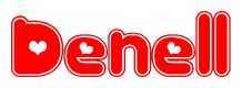 The image is a red and white graphic with the word Denell written in a decorative script. Each letter in  is contained within its own outlined bubble-like shape. Inside each letter, there is a white heart symbol.