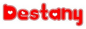 The image is a red and white graphic with the word Destany written in a decorative script. Each letter in  is contained within its own outlined bubble-like shape. Inside each letter, there is a white heart symbol.