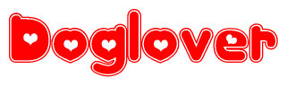 The image is a red and white graphic with the word Doglover written in a decorative script. Each letter in  is contained within its own outlined bubble-like shape. Inside each letter, there is a white heart symbol.