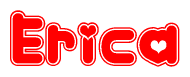 The image is a clipart featuring the word Erica written in a stylized font with a heart shape replacing inserted into the center of each letter. The color scheme of the text and hearts is red with a light outline.