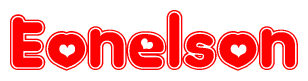 The image is a clipart featuring the word Eonelson written in a stylized font with a heart shape replacing inserted into the center of each letter. The color scheme of the text and hearts is red with a light outline.