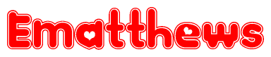 The image is a red and white graphic with the word Ematthews written in a decorative script. Each letter in  is contained within its own outlined bubble-like shape. Inside each letter, there is a white heart symbol.