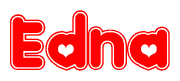The image displays the word Edna written in a stylized red font with hearts inside the letters.