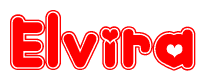 The image is a red and white graphic with the word Elvira written in a decorative script. Each letter in  is contained within its own outlined bubble-like shape. Inside each letter, there is a white heart symbol.