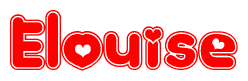 The image is a red and white graphic with the word Elouise written in a decorative script. Each letter in  is contained within its own outlined bubble-like shape. Inside each letter, there is a white heart symbol.
