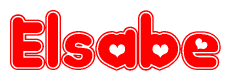 The image is a red and white graphic with the word Elsabe written in a decorative script. Each letter in  is contained within its own outlined bubble-like shape. Inside each letter, there is a white heart symbol.