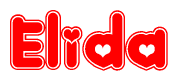 The image is a red and white graphic with the word Elida written in a decorative script. Each letter in  is contained within its own outlined bubble-like shape. Inside each letter, there is a white heart symbol.