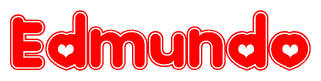 The image is a red and white graphic with the word Edmundo written in a decorative script. Each letter in  is contained within its own outlined bubble-like shape. Inside each letter, there is a white heart symbol.