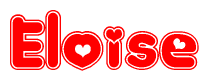 The image is a red and white graphic with the word Eloise written in a decorative script. Each letter in  is contained within its own outlined bubble-like shape. Inside each letter, there is a white heart symbol.