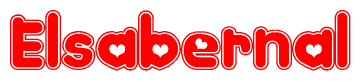 The image is a red and white graphic with the word Elsabernal written in a decorative script. Each letter in  is contained within its own outlined bubble-like shape. Inside each letter, there is a white heart symbol.