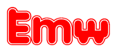 The image is a red and white graphic with the word Emw written in a decorative script. Each letter in  is contained within its own outlined bubble-like shape. Inside each letter, there is a white heart symbol.