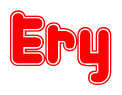 The image is a red and white graphic with the word Ery written in a decorative script. Each letter in  is contained within its own outlined bubble-like shape. Inside each letter, there is a white heart symbol.