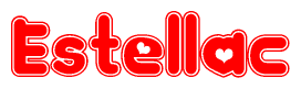The image is a red and white graphic with the word Estellac written in a decorative script. Each letter in  is contained within its own outlined bubble-like shape. Inside each letter, there is a white heart symbol.