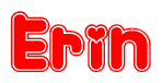 The image is a red and white graphic with the word Erin written in a decorative script. Each letter in  is contained within its own outlined bubble-like shape. Inside each letter, there is a white heart symbol.
