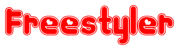The image is a red and white graphic with the word Freestyler written in a decorative script. Each letter in  is contained within its own outlined bubble-like shape. Inside each letter, there is a white heart symbol.