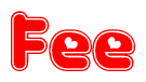 The image is a red and white graphic with the word Fee written in a decorative script. Each letter in  is contained within its own outlined bubble-like shape. Inside each letter, there is a white heart symbol.