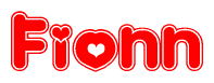 The image is a red and white graphic with the word Fionn written in a decorative script. Each letter in  is contained within its own outlined bubble-like shape. Inside each letter, there is a white heart symbol.