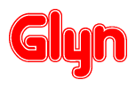 The image is a red and white graphic with the word Glyn written in a decorative script. Each letter in  is contained within its own outlined bubble-like shape. Inside each letter, there is a white heart symbol.