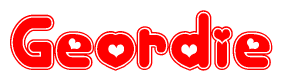 The image is a red and white graphic with the word Geordie written in a decorative script. Each letter in  is contained within its own outlined bubble-like shape. Inside each letter, there is a white heart symbol.