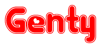 The image is a red and white graphic with the word Genty written in a decorative script. Each letter in  is contained within its own outlined bubble-like shape. Inside each letter, there is a white heart symbol.