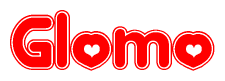 The image displays the word Glomo written in a stylized red font with hearts inside the letters.