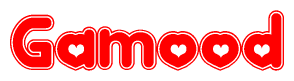 The image is a red and white graphic with the word Gamood written in a decorative script. Each letter in  is contained within its own outlined bubble-like shape. Inside each letter, there is a white heart symbol.