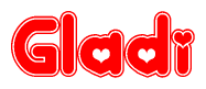 The image displays the word Gladi written in a stylized red font with hearts inside the letters.