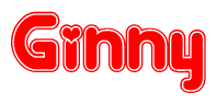 The image is a red and white graphic with the word Ginny written in a decorative script. Each letter in  is contained within its own outlined bubble-like shape. Inside each letter, there is a white heart symbol.