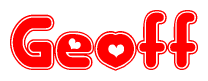 The image is a red and white graphic with the word Geoff written in a decorative script. Each letter in  is contained within its own outlined bubble-like shape. Inside each letter, there is a white heart symbol.