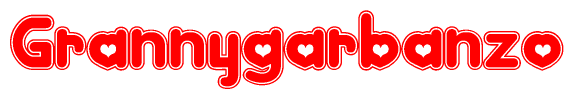 The image is a red and white graphic with the word Grannygarbanzo written in a decorative script. Each letter in  is contained within its own outlined bubble-like shape. Inside each letter, there is a white heart symbol.