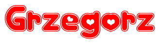 The image displays the word Grzegorz written in a stylized red font with hearts inside the letters.