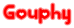 The image displays the word Gouphy written in a stylized red font with hearts inside the letters.