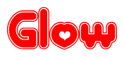 The image displays the word Glow written in a stylized red font with hearts inside the letters.