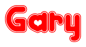 The image is a red and white graphic with the word Gary written in a decorative script. Each letter in  is contained within its own outlined bubble-like shape. Inside each letter, there is a white heart symbol.