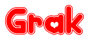 The image displays the word Grak written in a stylized red font with hearts inside the letters.