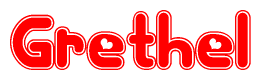 The image is a clipart featuring the word Grethel written in a stylized font with a heart shape replacing inserted into the center of each letter. The color scheme of the text and hearts is red with a light outline.