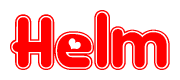 The image is a red and white graphic with the word Helm written in a decorative script. Each letter in  is contained within its own outlined bubble-like shape. Inside each letter, there is a white heart symbol.