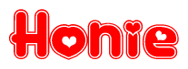 The image is a red and white graphic with the word Honie written in a decorative script. Each letter in  is contained within its own outlined bubble-like shape. Inside each letter, there is a white heart symbol.