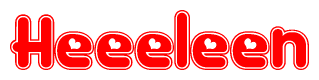 The image is a red and white graphic with the word Heeeleen written in a decorative script. Each letter in  is contained within its own outlined bubble-like shape. Inside each letter, there is a white heart symbol.
