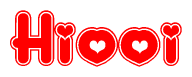 The image displays the word Hiooi written in a stylized red font with hearts inside the letters.