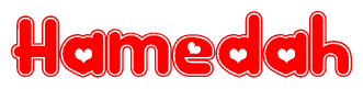 The image is a clipart featuring the word Hamedah written in a stylized font with a heart shape replacing inserted into the center of each letter. The color scheme of the text and hearts is red with a light outline.
