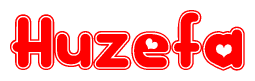 The image is a clipart featuring the word Huzefa written in a stylized font with a heart shape replacing inserted into the center of each letter. The color scheme of the text and hearts is red with a light outline.